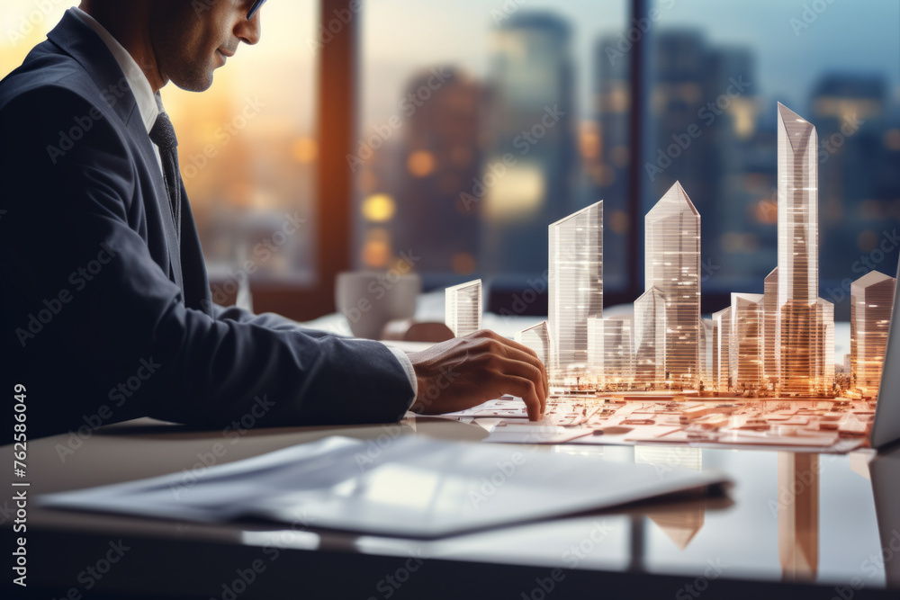 Poster man in suit is working on computer, creating cityscape. concept of focus and determination as man wo
