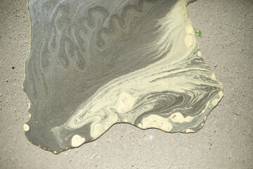 Water on asphalt. Pollen from plants in water. Puddle in road.