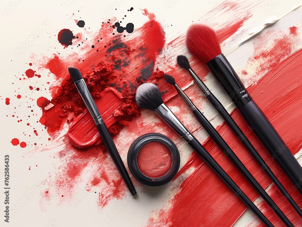 Wall mural Professional makeup tools displayed artistically with bold colors for cosmetic marketing