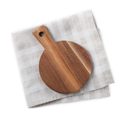 Wooden cutting board and kitchen towel on white background, top view