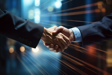 Two men shaking hands in business setting. Concept of professionalism and trust between two individuals - obrazy, fototapety, plakaty