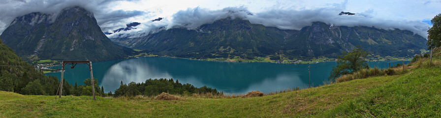 View of the lake Oppstrynsvatnet from the hiking trail to Segestad, Norway, Europe
