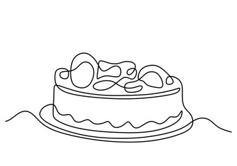 Continuous one line drawing Dessert concept with decorated cake