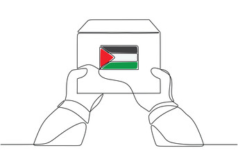 Human hand holding box in one continuous line with palestine flag