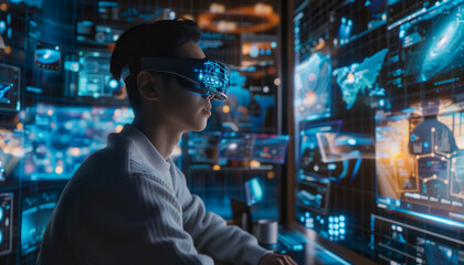 An Asian man wearing a VR headset with a hologram in front of him, writing code or hacking in a control room surrounded by computer screens and projections 