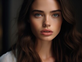 Fototapeta premium Woman with long brown hair and green eyes. She is wearing white shirt. Image has moody and dramatic feel to it