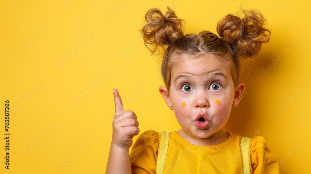 Poster Enthusiastic girl pointing on soft colored backdrop with ample space for text placement