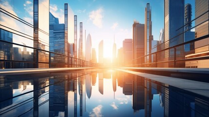 A breathtaking view of a modern skyscraper landscape in a futuristic financial district, bathed in warm sunlight, with buildings and reflections creating a dynamic corporate template against a vivid b