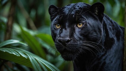 Elegant and agile black panther staring alertly in tropical rainforest