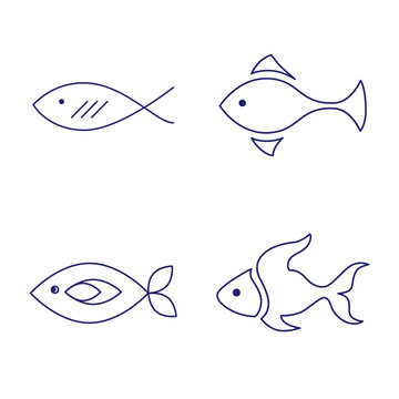 Minimal fish icons showing aquatic animals with various fins, scales, tails and gills swimming in water, as a skeleton or in a bowl. Thin line art about fish. Editable Stroke. Fish icon line. Eps 10