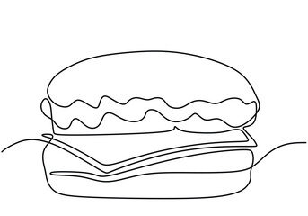 One continuous line drawing of delicious burger Fast food restaurant