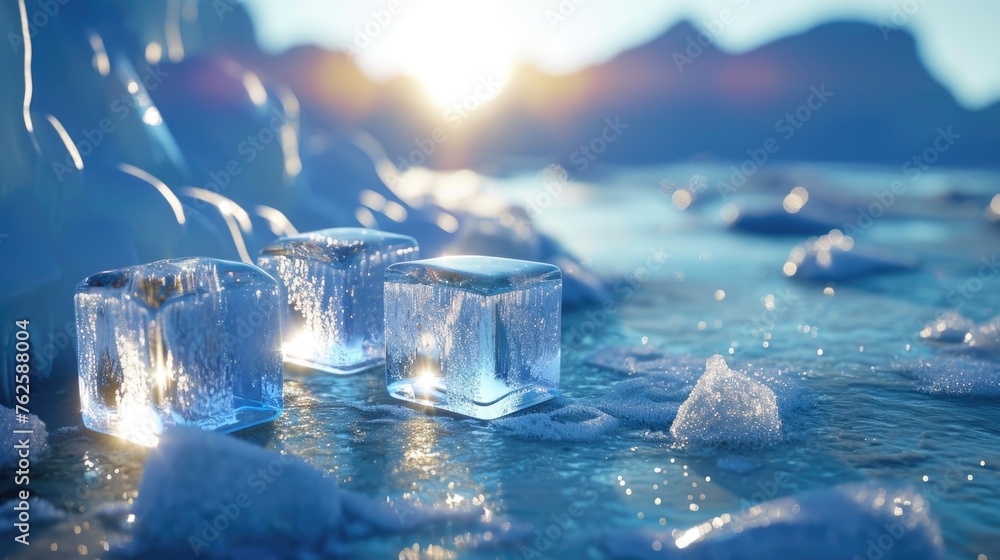 Poster beautiful blue ocean with ice cubes floating on surface. sun is shining brightly, creating warm and 