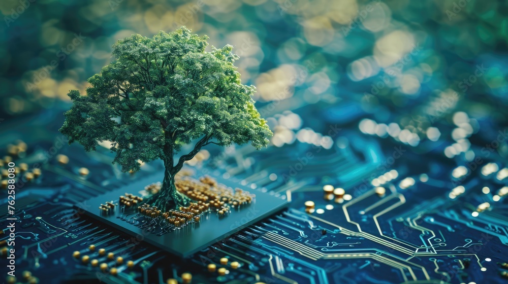 Aufkleber the bottom angle view of the growing green tree on the cpu on the land of the greenish mainboard and