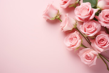 Pink roses are arranged in row on pink background. Roses are in full bloom and are focal point of image. Pink background creates soft and romantic mood