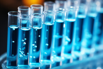 Row of blue test tubes filled with blue liquid. Tubes are lined up next to each other, and liquid inside them is bubbling. Concept of scientific experimentation and discovery