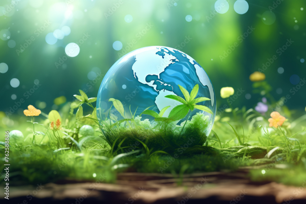 Poster globe is surrounded by lush green field. globe is made of glass and is placed on top of grass. conce
