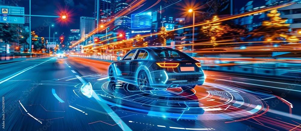 Poster Autonomous cars on a road with visible connection, 3d Rendering