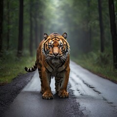
In the midst of the forest, a majestic tiger prowls along the black road, seamlessly blending the wilderness with the urban landscape.