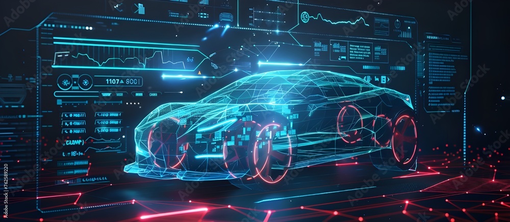 Poster Futuristic car service with scanning auto and data analysis. Dashboard elements and modern interface HUD.