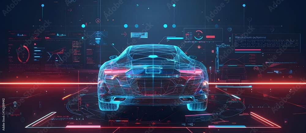 Poster Polygonal Auto Hologram with HUD UI interface. Futuristic car service with scanning auto and data analysis.