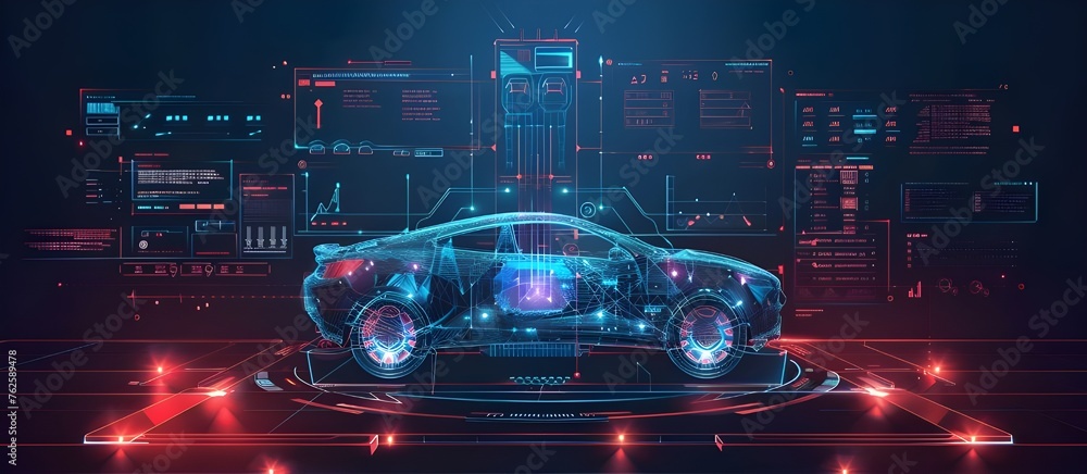 Poster Hi-tech Car Service. 3D Polygonal Smart automobile. featuring a HUD and integrating IoT technology