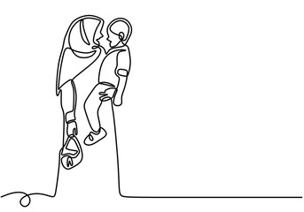continuous single one line Muslim woman with children on hands painted