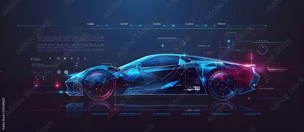 Poster futuristic electric smart car in polygonal style with hud interface and icons.