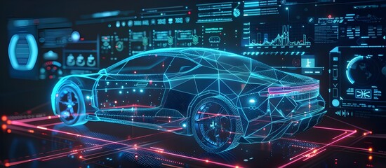 HUD Dashboard, car repair. Automobile user interface. Isometric 3d sport car.