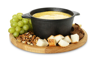 Fondue with tasty melted cheese and different products isolated on white