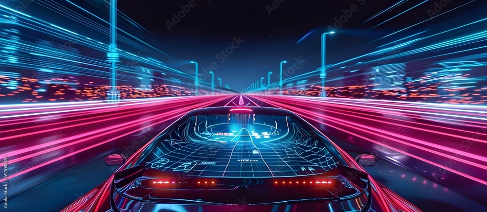 Poster smart cars with automatic sensor driving on speed road with wireless connection