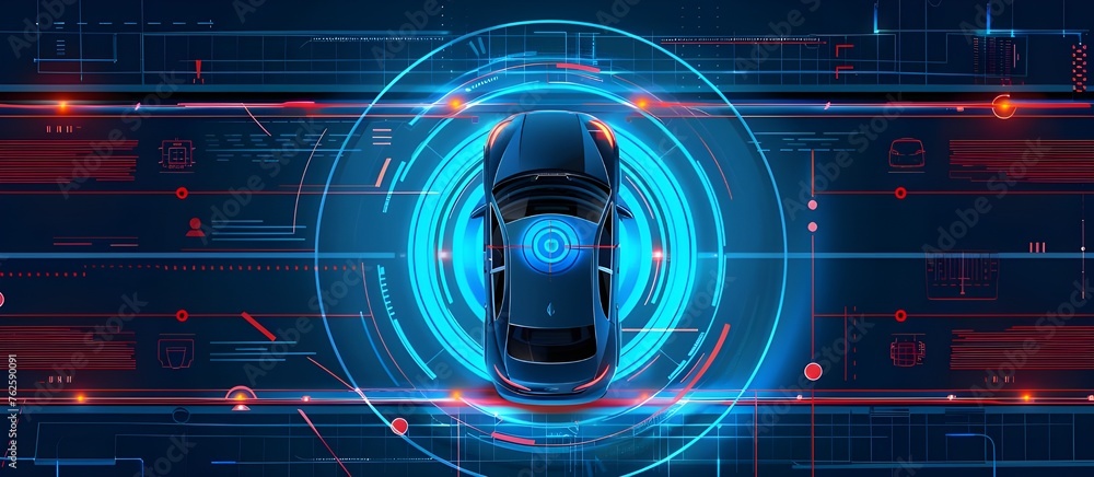Aufkleber line image depicts a smart car in autonomous mode on city roads with graphic sensor radar signals an