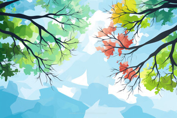 Painting of two trees with green leaves and red leaves. Trees are in sky and background is blue. Painting has peaceful and calming mood