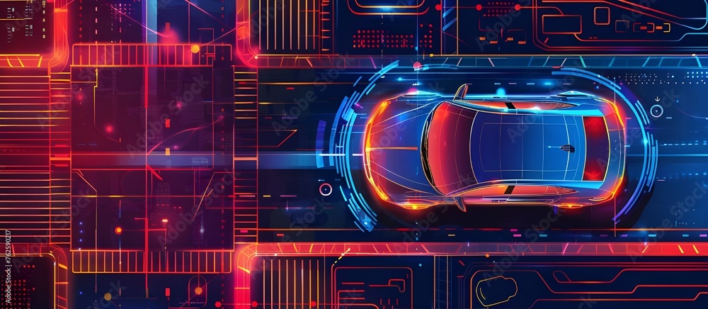 Poster vehicle autonomous driving technology. car assistant and traffic monitoring system vector concept. t