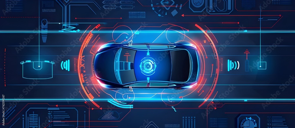 Poster autonomous futuristic car concept HUD and hologram screens and infotainment system with graphic sensor radar signals and internet connectivity, top view.