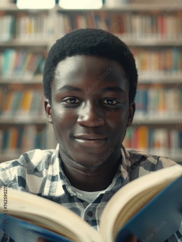 Poster young man is sitting in library with book open in front of him. he is smiling and looking at camera