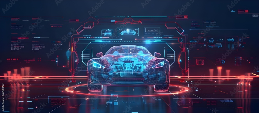Poster Scan and Maintenance Automobile in 3D visualisation hologram. Hi-tech Car Service.