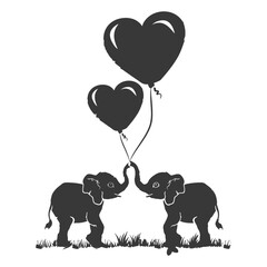 Silhouette Cute baby elephants holding heart shape balloon black color only