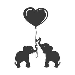 Silhouette Cute baby elephants holding heart shape balloon black color only