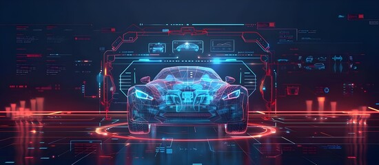 Scan and Maintenance Automobile in 3D visualisation hologram. Hi-tech Car Service.