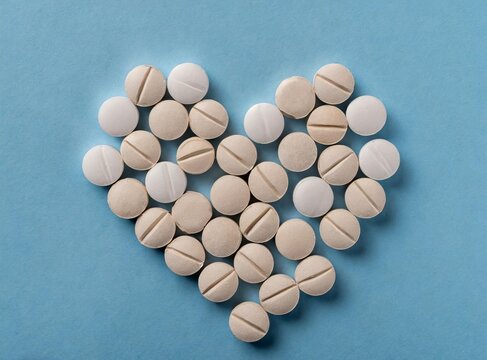Painkiller Pills forming heart. Healthcare background concept. 3D Rendering, Illustration Design.