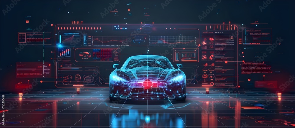 Aufkleber futuristic auto service station with 3d smart car and hud interface.