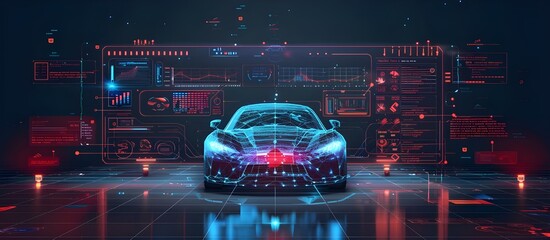 Futuristic auto service station with 3D smart car and HUD interface. - obrazy, fototapety, plakaty