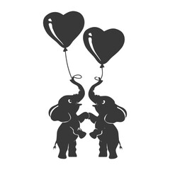 Silhouette Cute baby elephants holding heart shape balloon black color only
