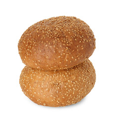 Two fresh hamburger buns with sesame seeds isolated on white