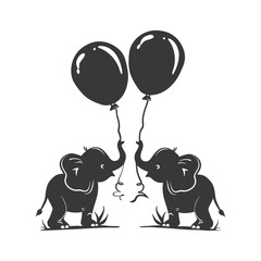 Silhouette Cute baby elephants holding oval shape balloon black color only