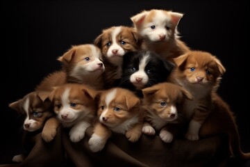 Adorable pile of puppies with soulful eyes in warm, soft lighting