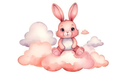 Obraz premium Cute cartoon pink rabbit sitting on soft clouds watercolor illustration isolated on transparent background. cartoon style illustration, child book ilustration