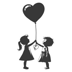 Silhouette Cute baby girls holding heart shape balloon black color only