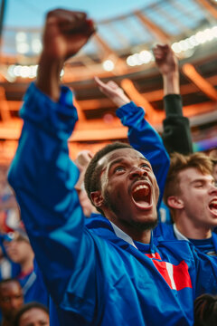 Cheering French football fans at the stadium. Close-up portrait of a group of football fans on the background of the stadium.
