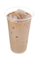 Plastic cup of fresh iced coffee isolated on white